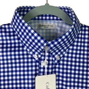 Collars & Co Polo Shirt Mens M Navy Gingham Button Down Dress Collar Stretch NWT